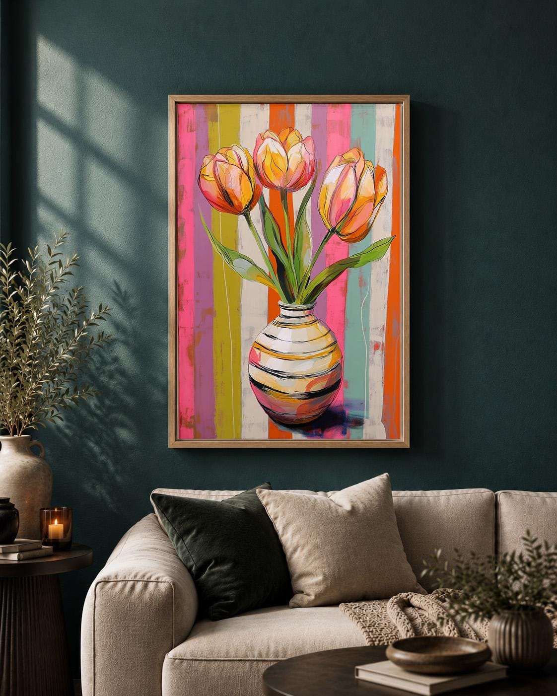 Colourful Tulip Pink & Orange Floral Striped Vase Maximalist Framed Canvas