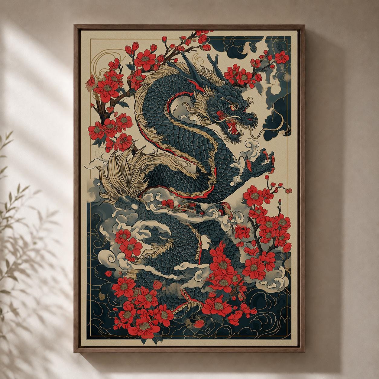 Japanese Dragon Red Blossom Oriental Asian Framed Canvas