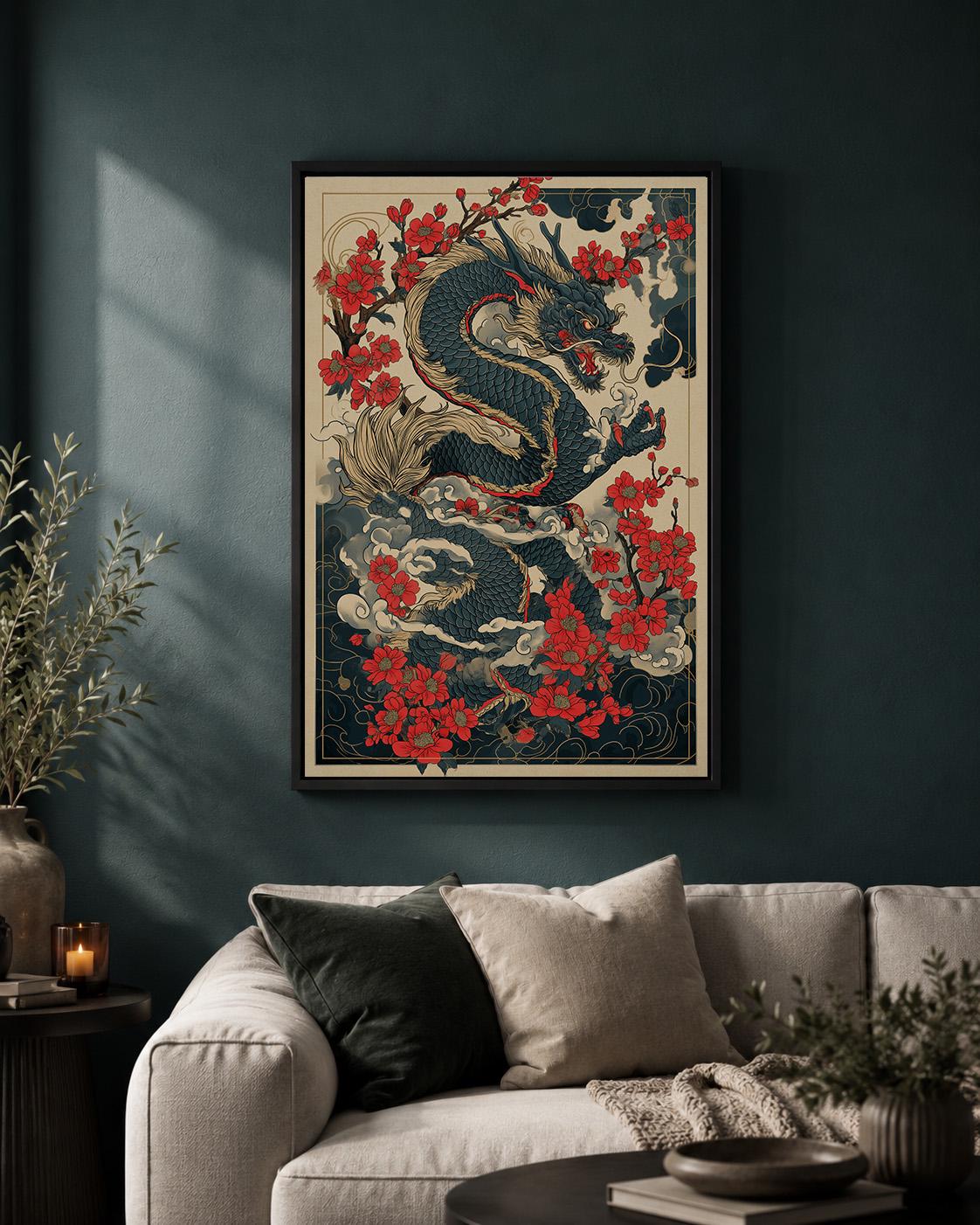 Japanese Dragon Red Blossom Oriental Asian Framed Canvas