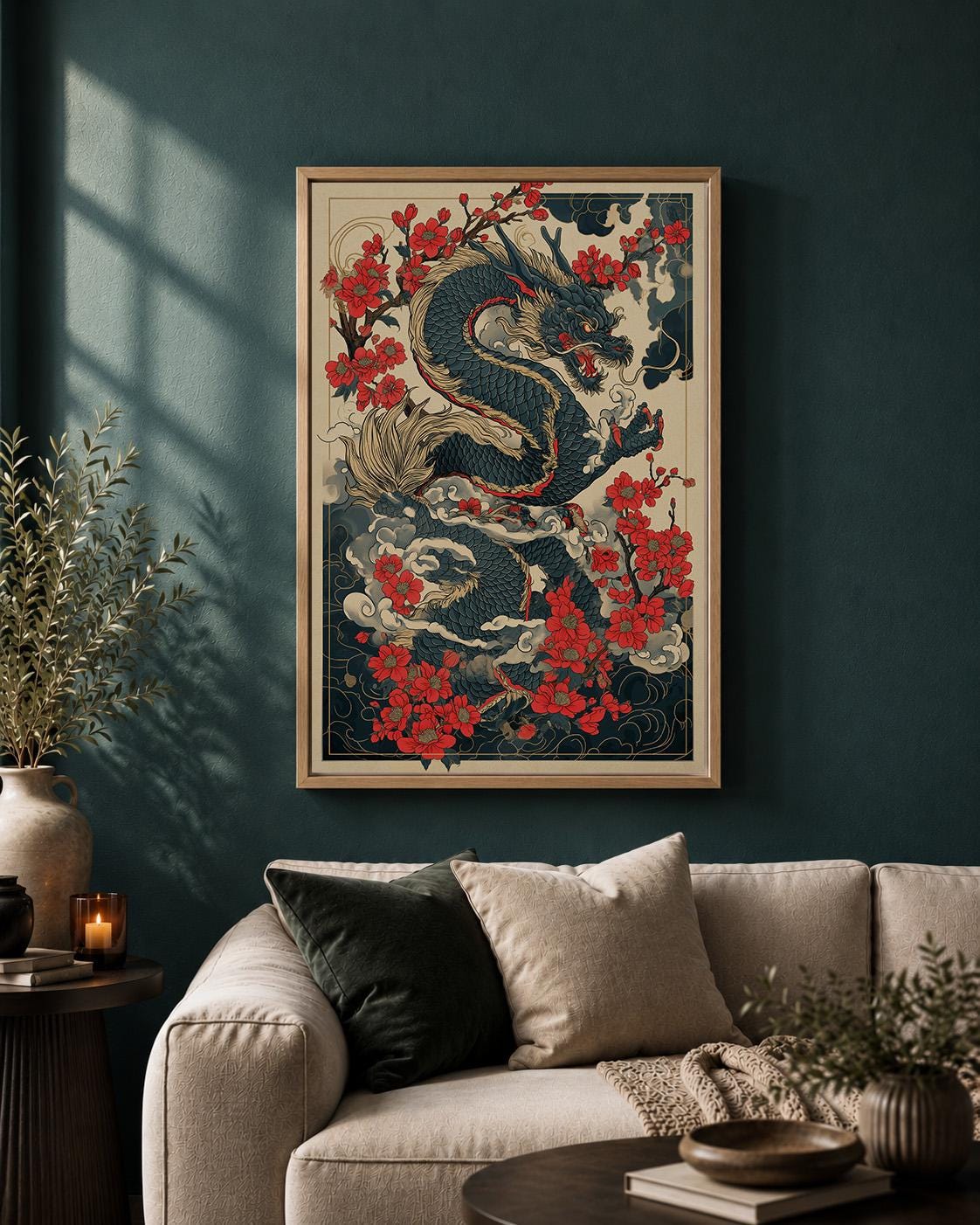 Japanese Dragon Red Blossom Oriental Asian Framed Canvas