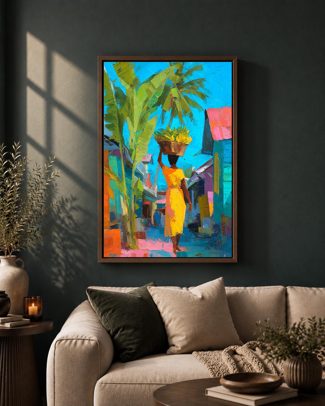 Tropical Market Colorful Caribbean Banana Seller Framed Canvas