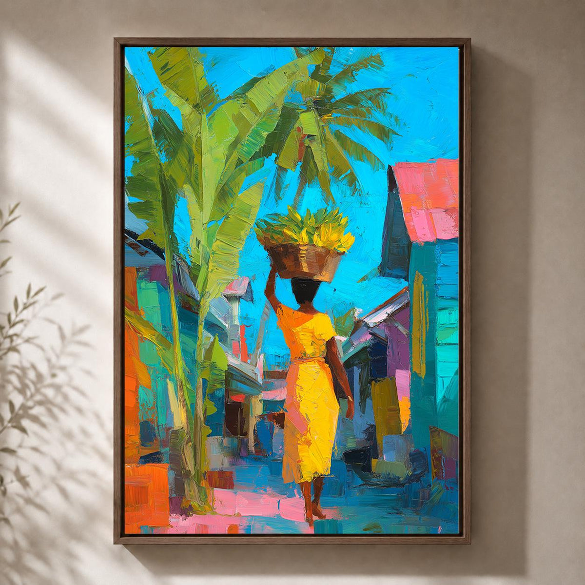 Tropical Market Colorful Caribbean Banana Seller Framed Canvas