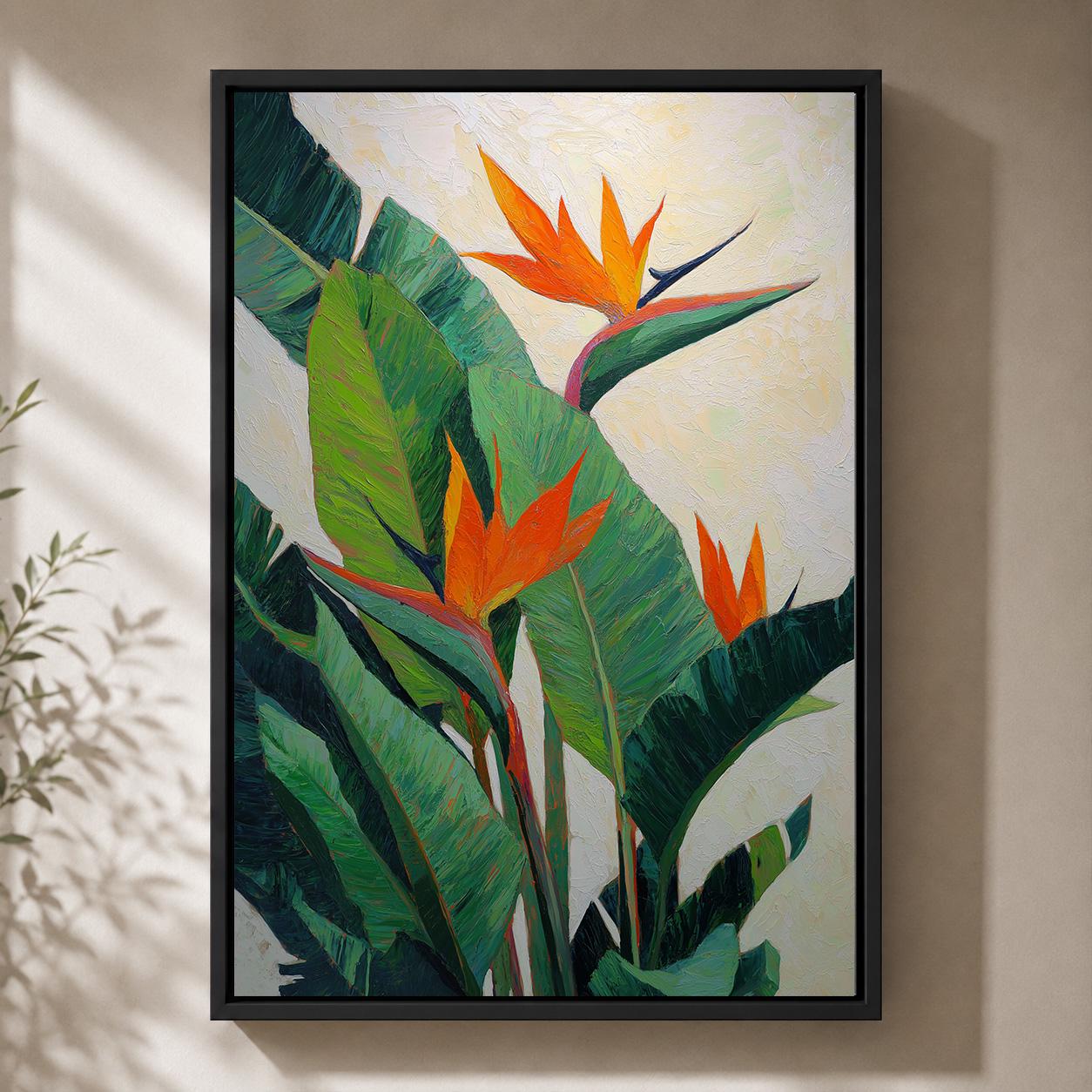 Bird of Paradise  Tropical Botanical Orange Flower Framed Canvas