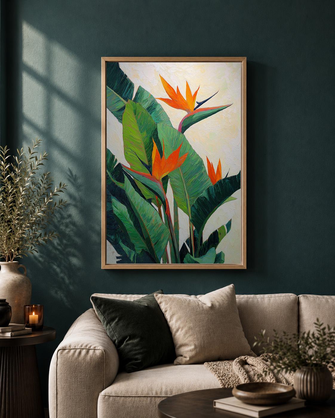 Bird of Paradise  Tropical Botanical Orange Flower Framed Canvas