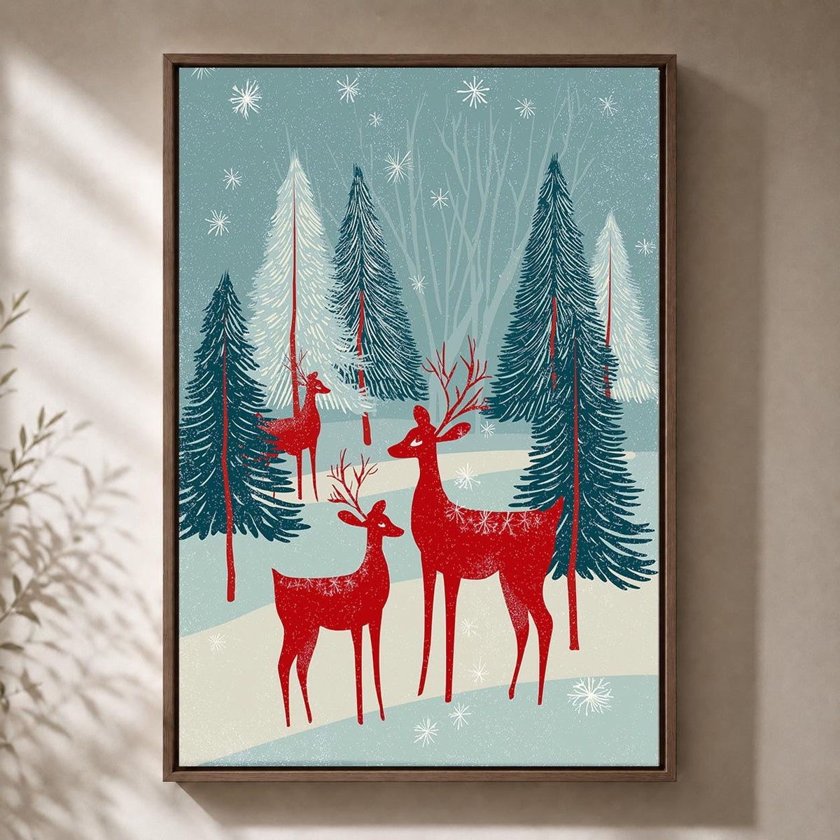 Vintage Christmas Reindeer Forest Scandinavian Winter Woodland Framed Canvas by The Wall Art Studio - physical