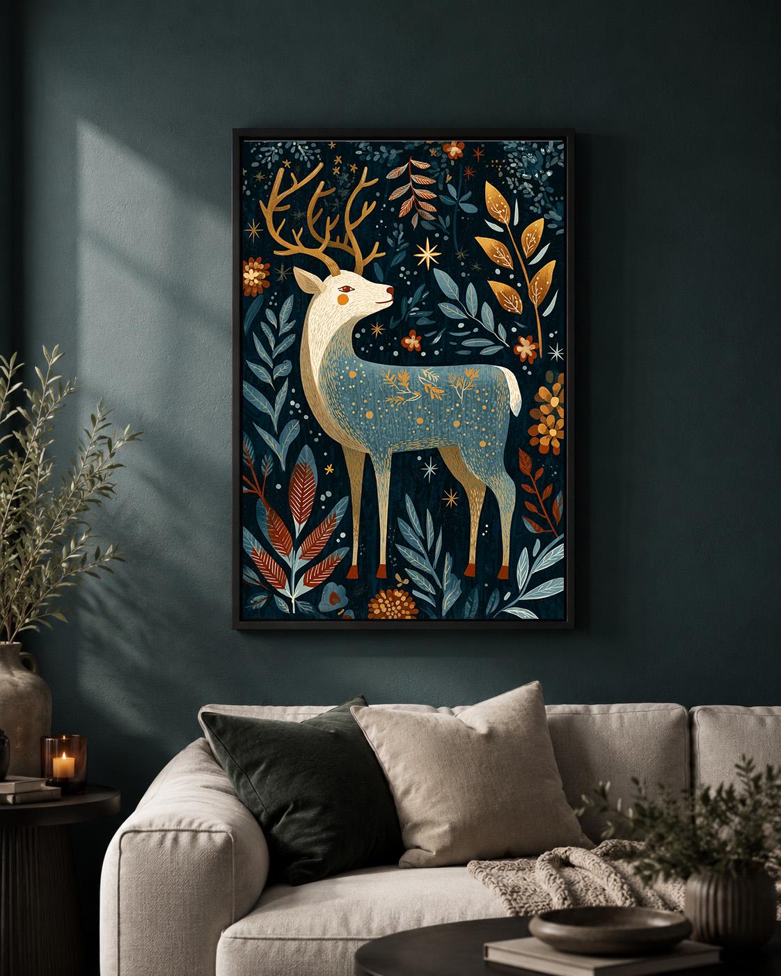 Folk Art Reindeer Scandinavian Christmas Festive Framed Canvas by The Wall Art Studio - physical