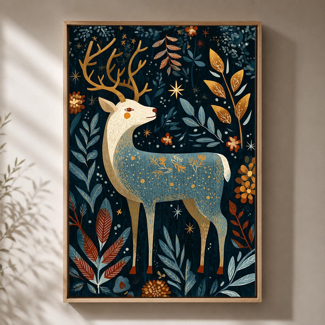 Folk Art Reindeer Scandinavian Christmas Festive Framed Canvas by The Wall Art Studio - physical