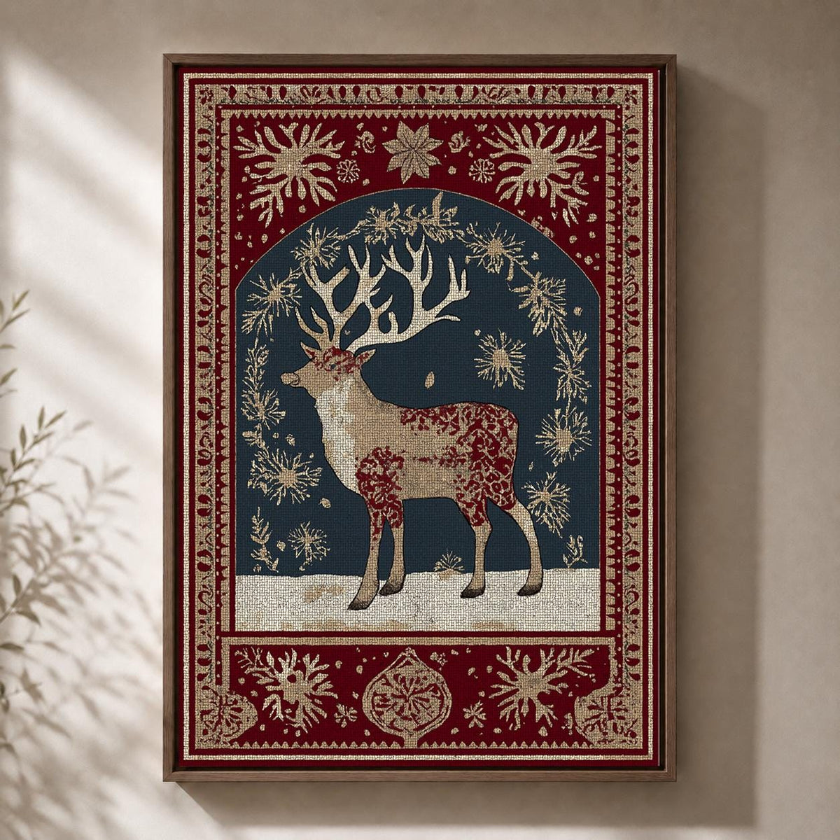 Vintage Reindeer Folk Art Scandinavian Christmas Framed Canvas by The Wall Art Studio - physical