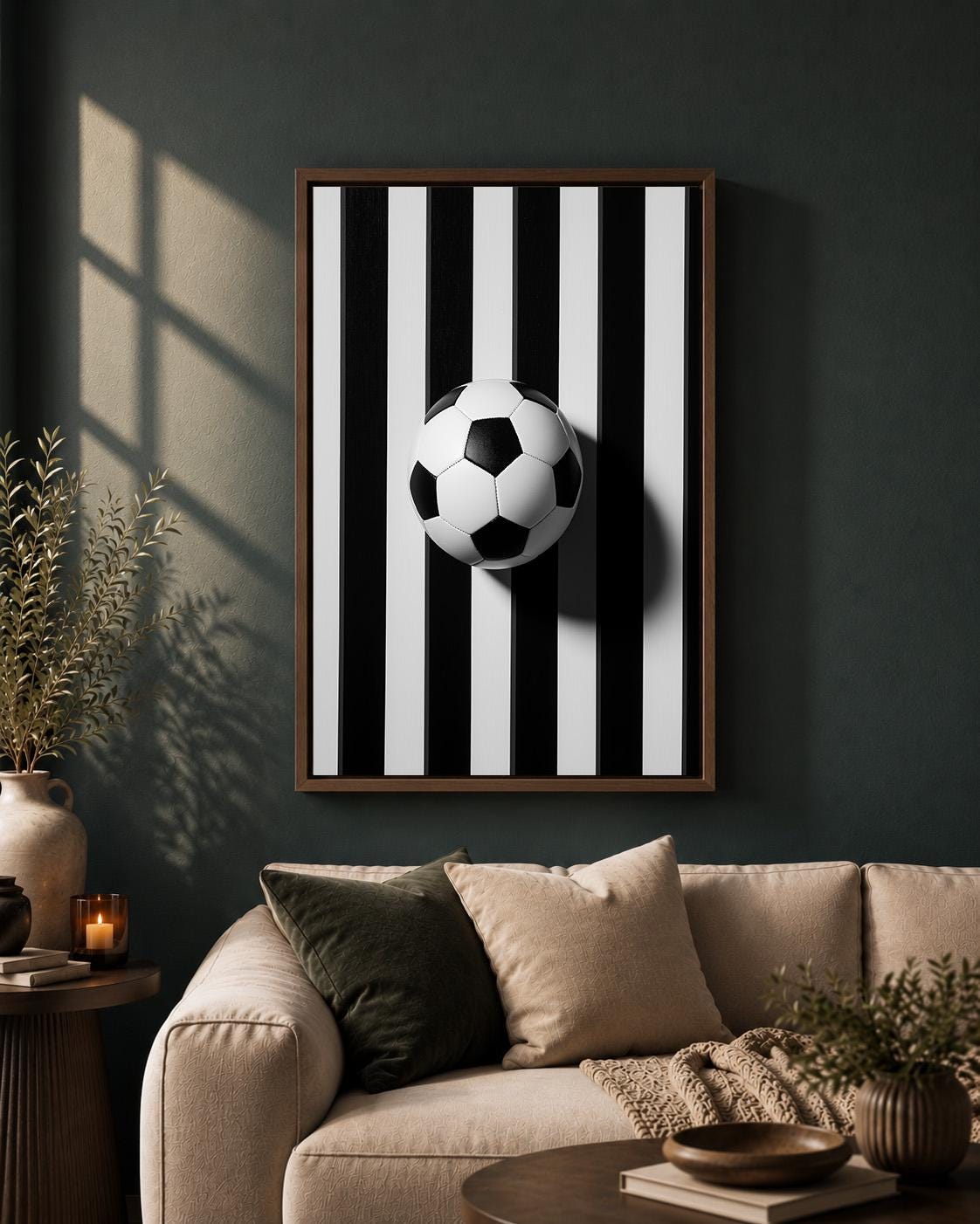 Black and White Striped Football Soccer Framed Canvas by The Wall Art Studio - physical