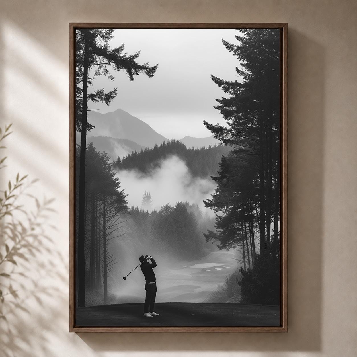 Misty Forest Golf Course Black and White Golfer Framed Canvas by The Wall Art Studio - physical