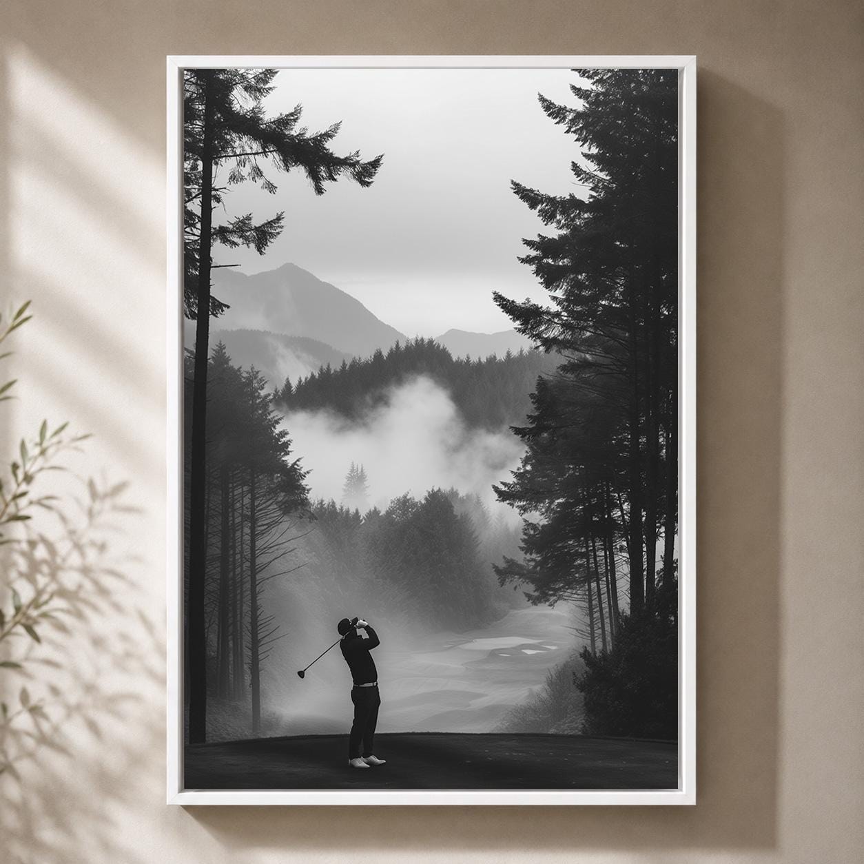 Misty Forest Golf Course Black and White Golfer Framed Canvas by The Wall Art Studio - physical