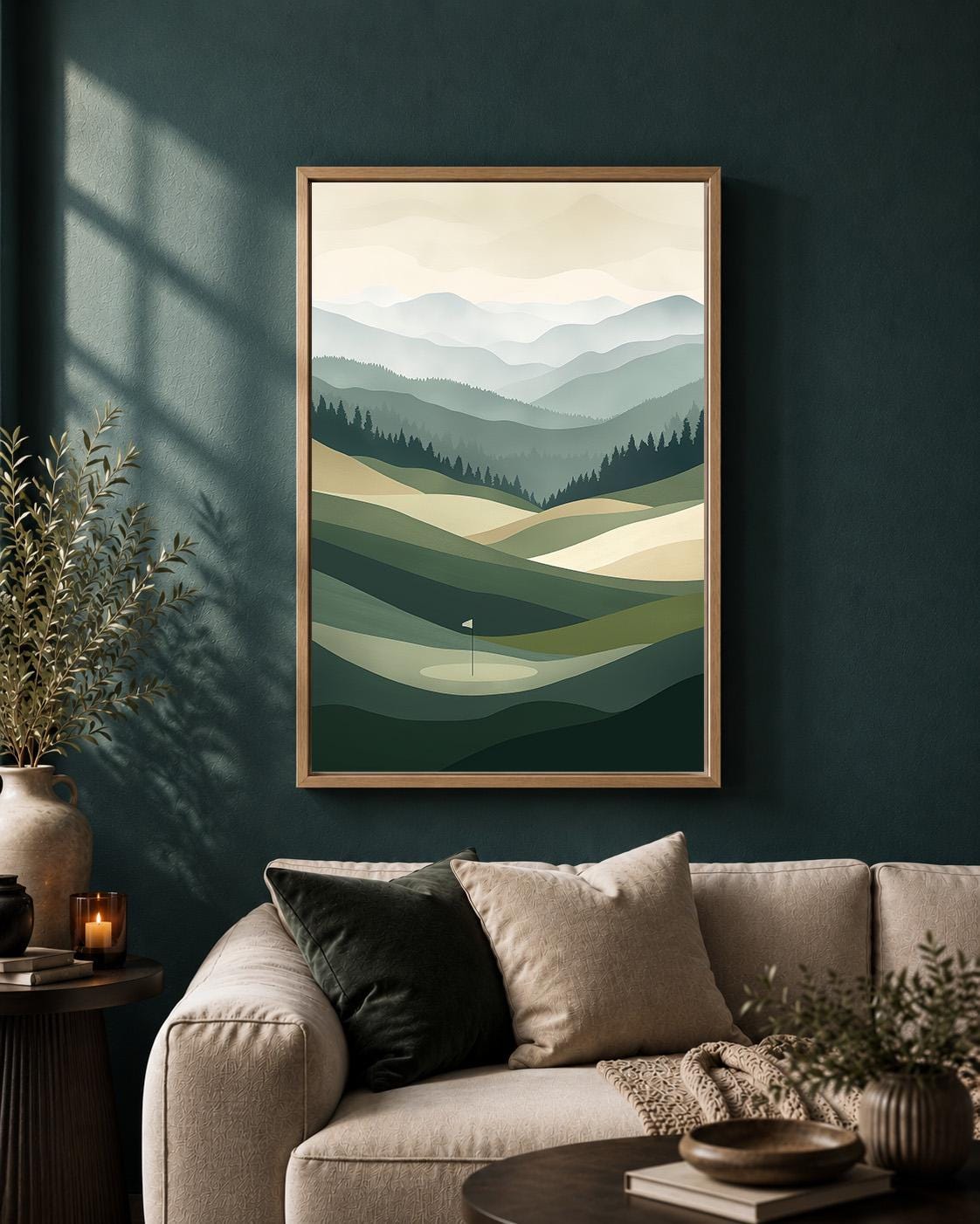 Golf Course Landscape Minimalist Green Mountain Framed Canvas by The Wall Art Studio - physical