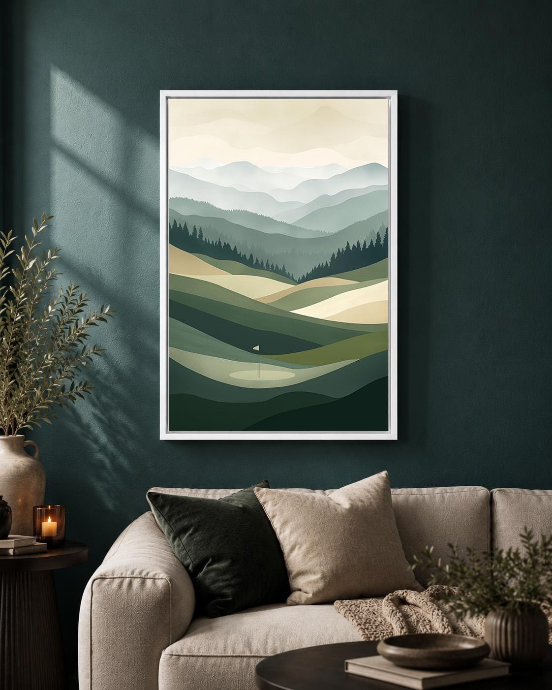 Golf Course Landscape Minimalist Green Mountain Framed Canvas by The Wall Art Studio - physical