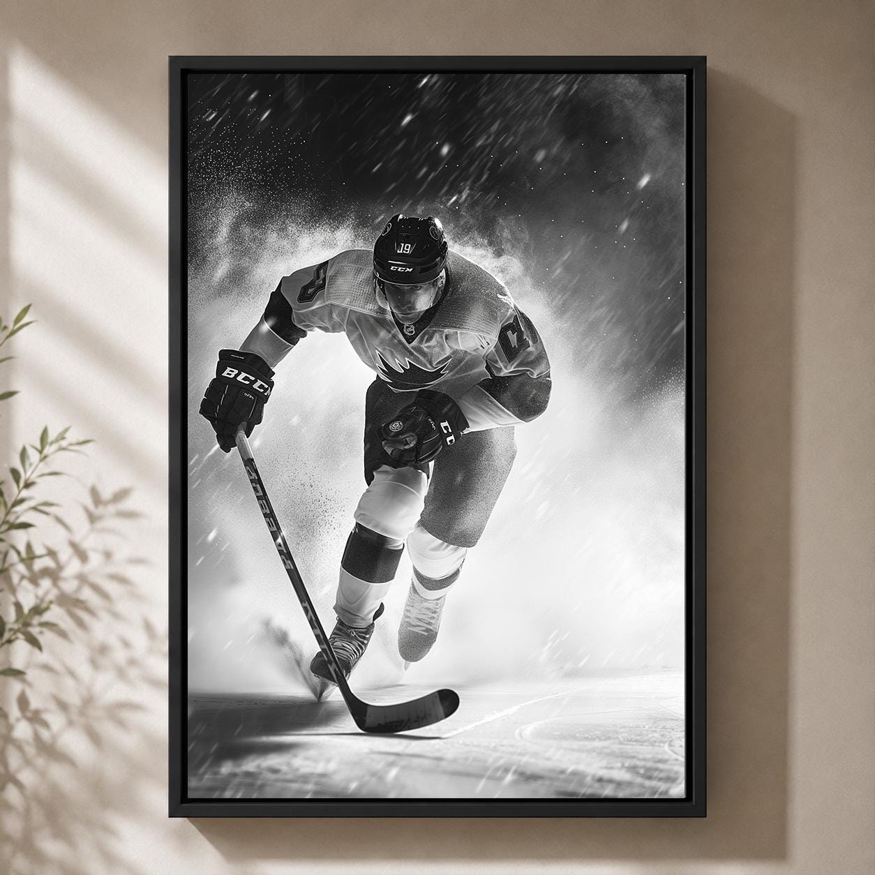 Black and White Hockey Player Action Sports Framed Canvas by The Wall Art Studio - physical