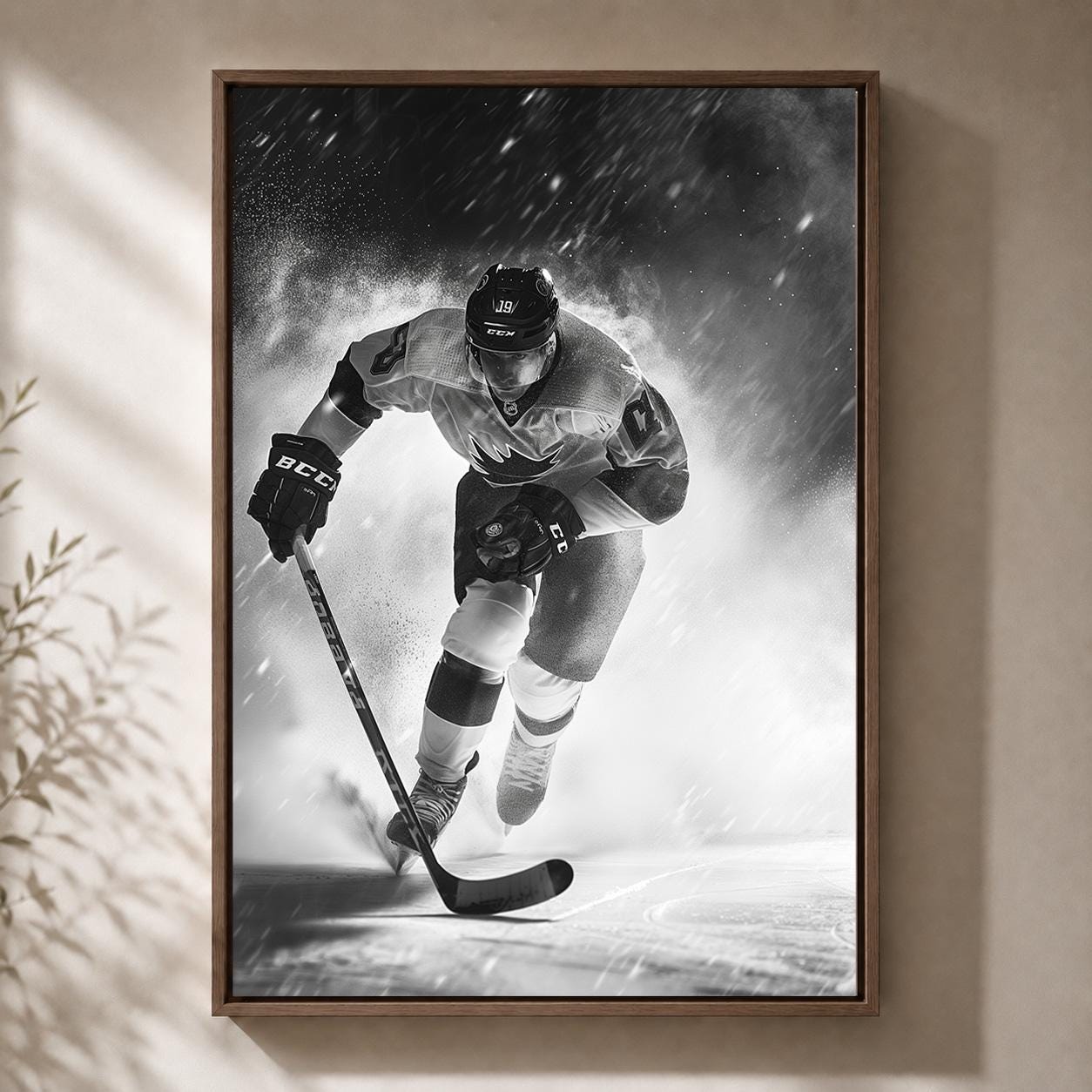 Black and White Hockey Player Action Sports Framed Canvas by The Wall Art Studio - physical