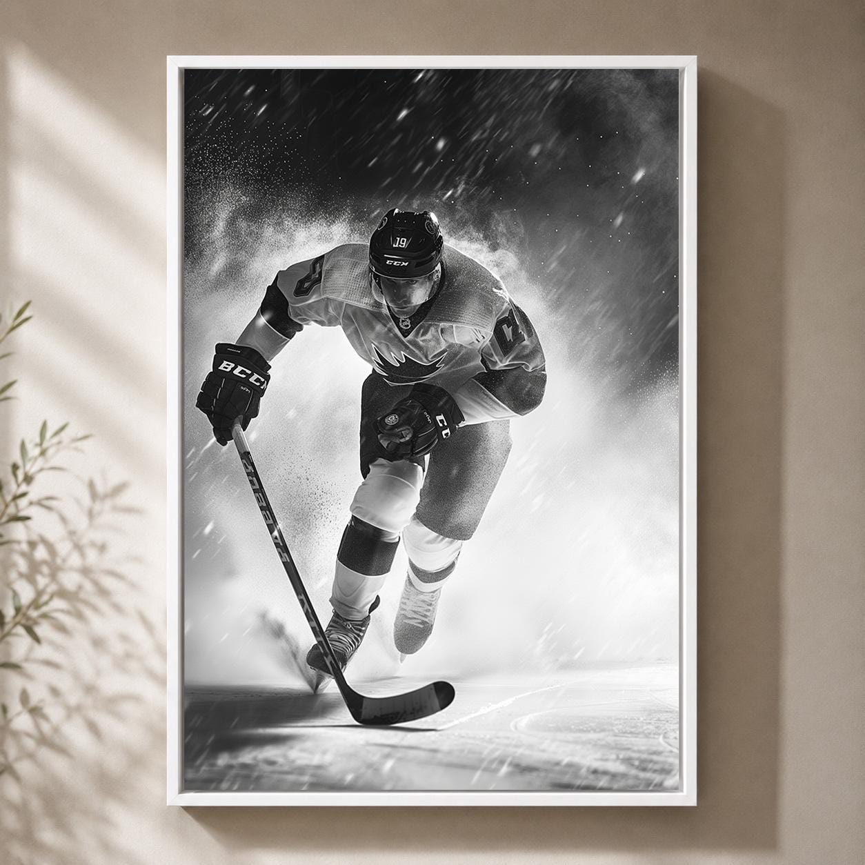 Black and White Hockey Player Action Sports Framed Canvas by The Wall Art Studio - physical
