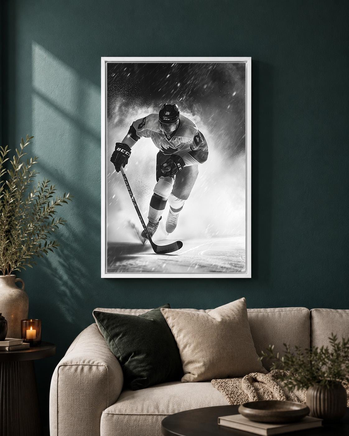 Black and White Hockey Player Action Sports Framed Canvas by The Wall Art Studio - physical