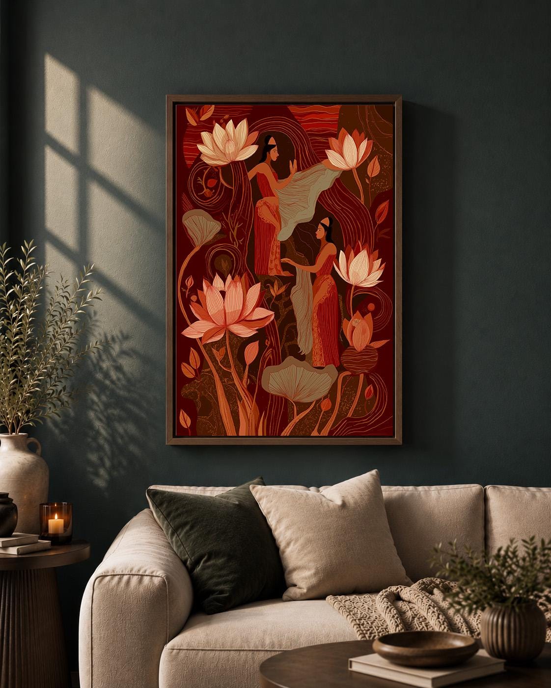 Indian InspiredLotus Flower Women Terracotta Boho Framed Canvas by The Wall Art Studio - physical