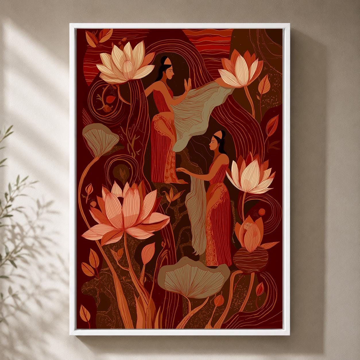 Indian InspiredLotus Flower Women Terracotta Boho Framed Canvas by The Wall Art Studio - physical
