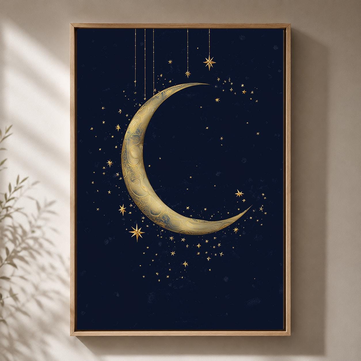 Gold Crescent Moon Celestial Navy Blue Stars Islamic Spiritual Framed Canvas by The Wall Art Studio - physical