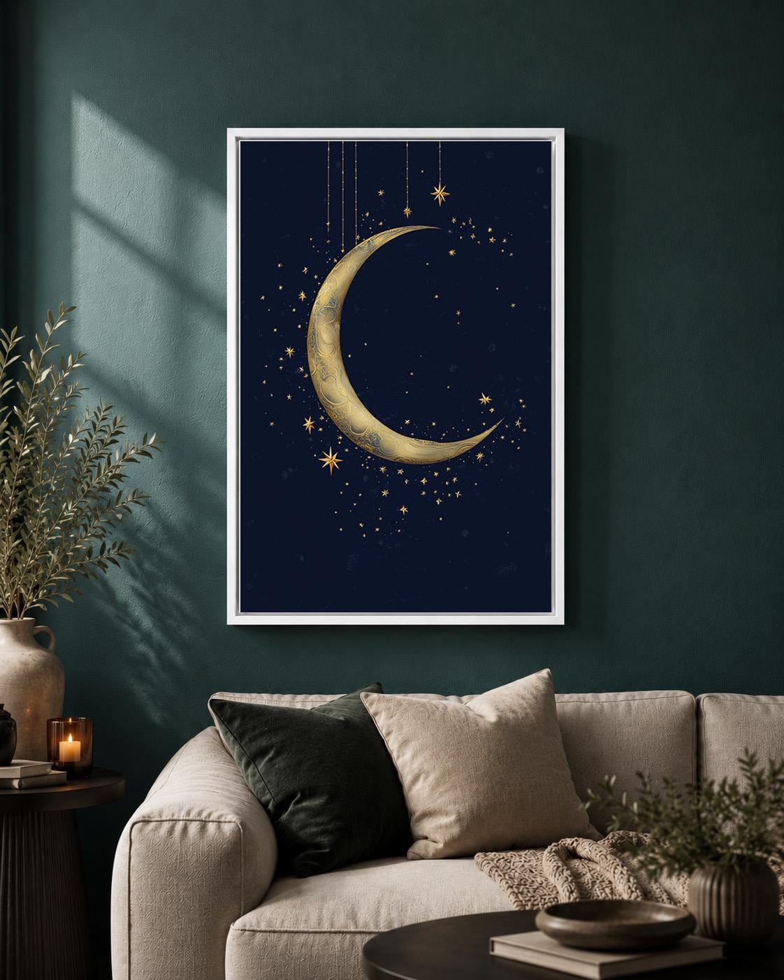 Gold Crescent Moon Celestial Navy Blue Stars Islamic Spiritual Framed Canvas by The Wall Art Studio - physical