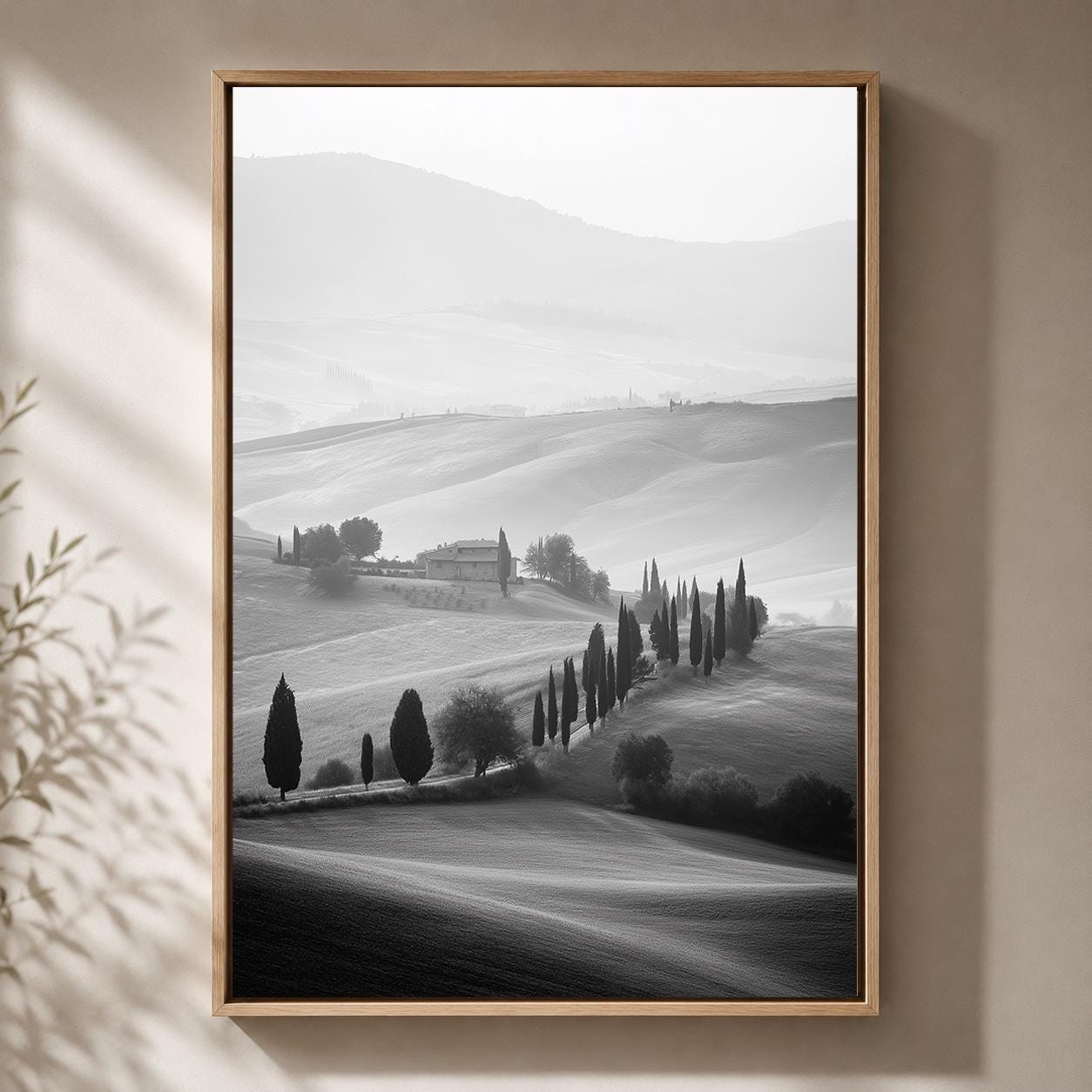 Black and White Tuscany Landscape Cypress Tree Italian Countryside Framed Canvas by The Wall Art Studio - physical