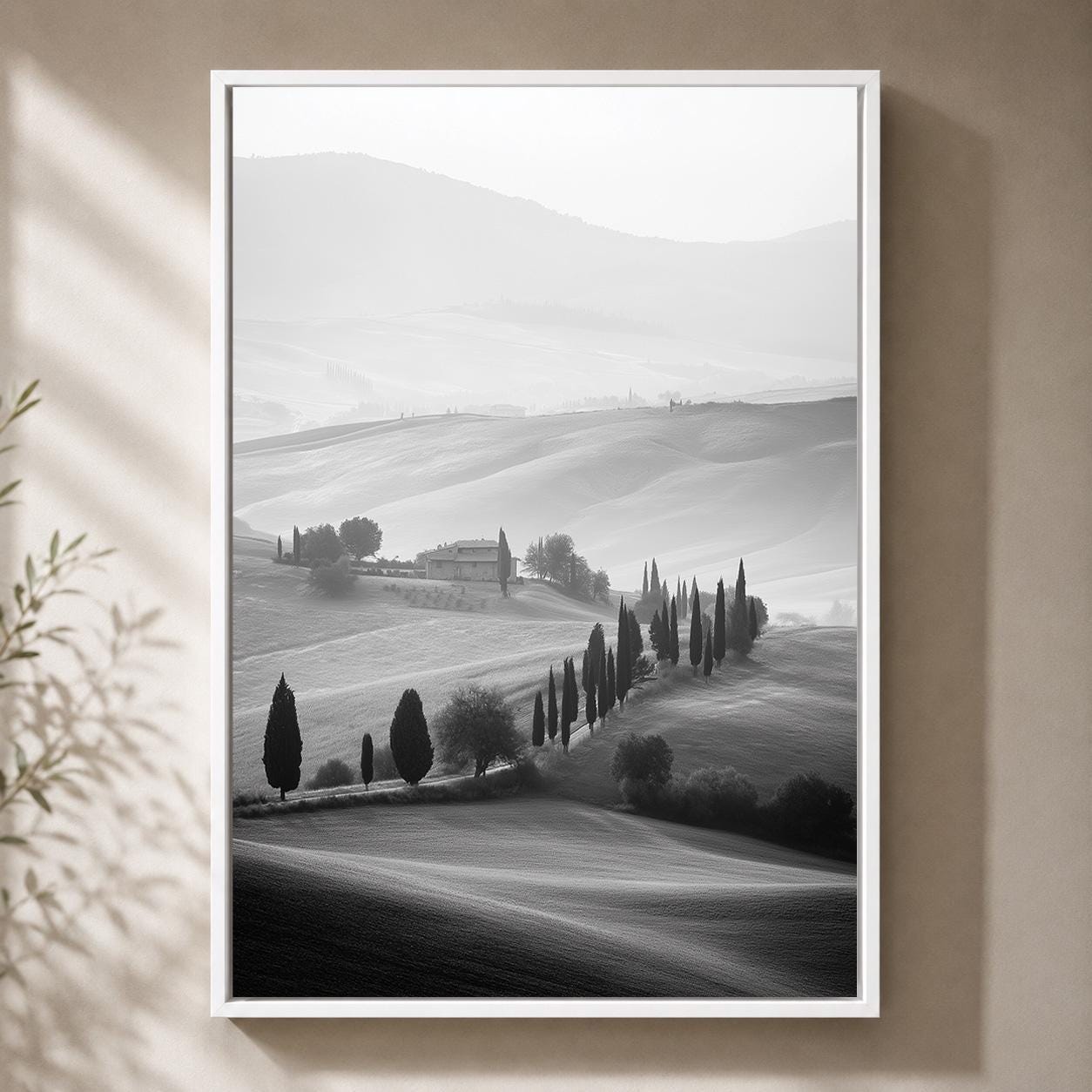 Black and White Tuscany Landscape Cypress Tree Italian Countryside Framed Canvas by The Wall Art Studio - physical