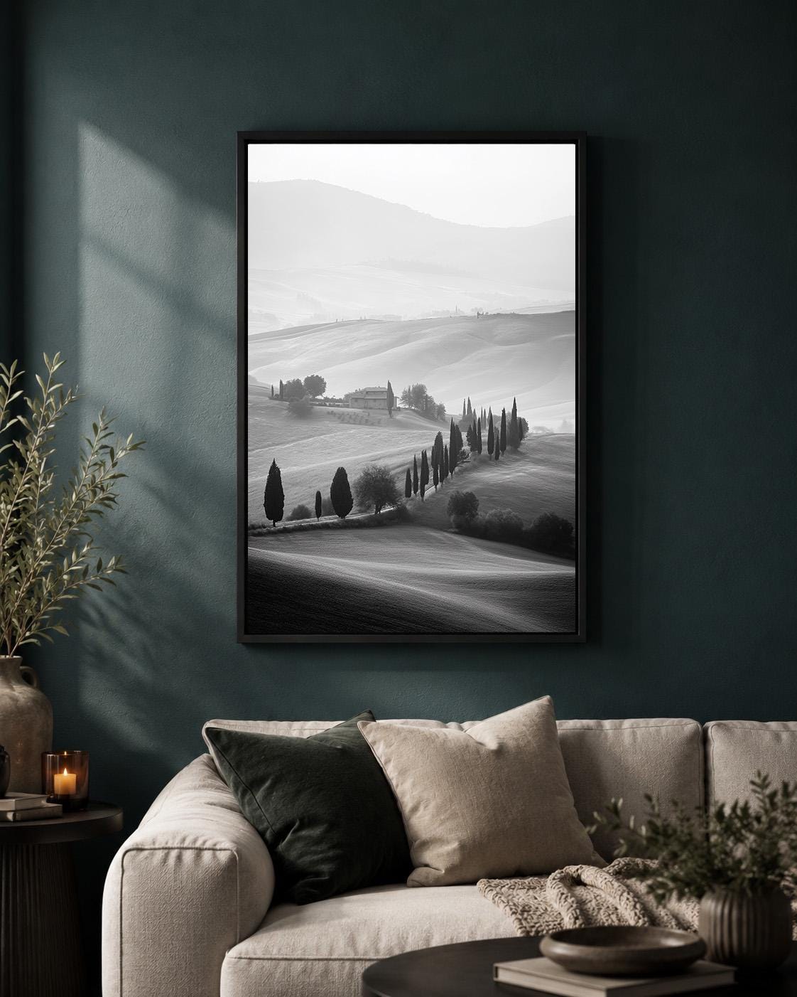 Black and White Tuscany Landscape Cypress Tree Italian Countryside Framed Canvas by The Wall Art Studio - physical