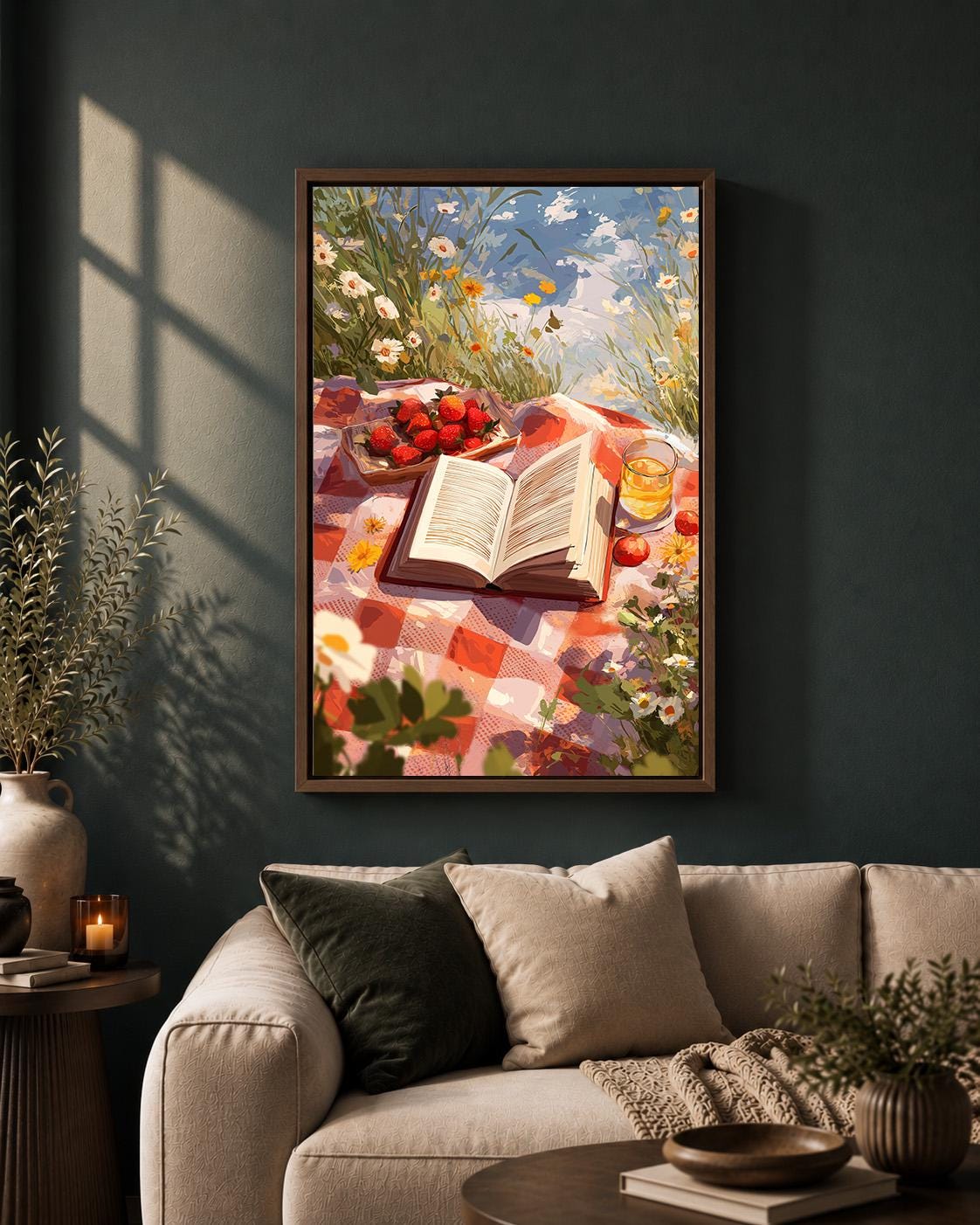 Book Lover Strawberry Meadow Picnic Cottagecore Library Framed Canvas by The Wall Art Studio - physical