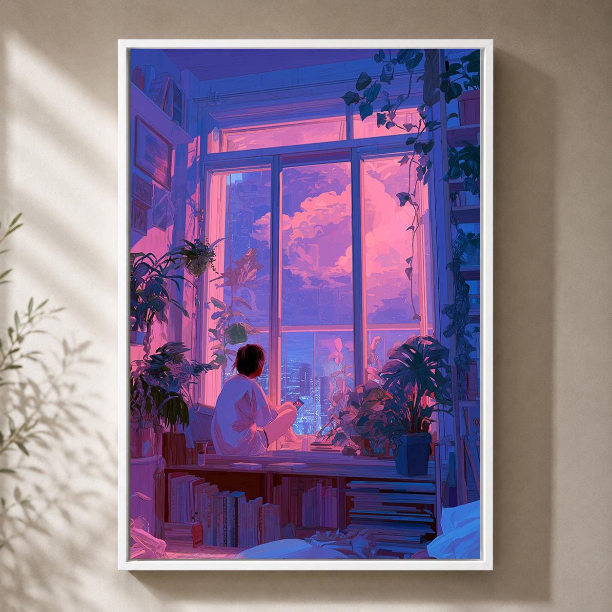 Lo-Fi Vaporwave Anime Inspired Neon City Window Framed Canvas by The Wall Art Studio - physical