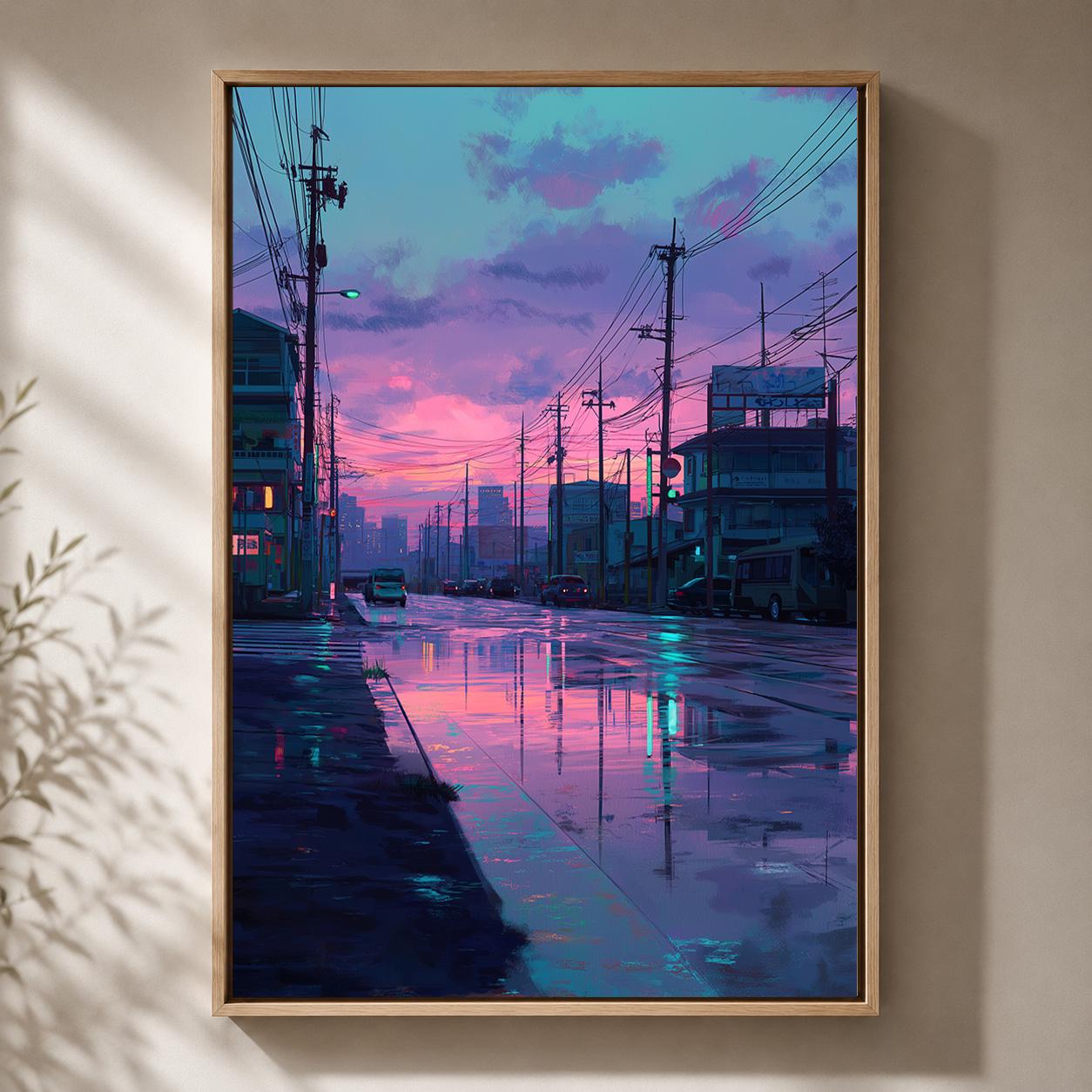Lo-Fi Vaporwave Japanese Street Neon Cityscape Rainy Night Framed Canvas by The Wall Art Studio - physical