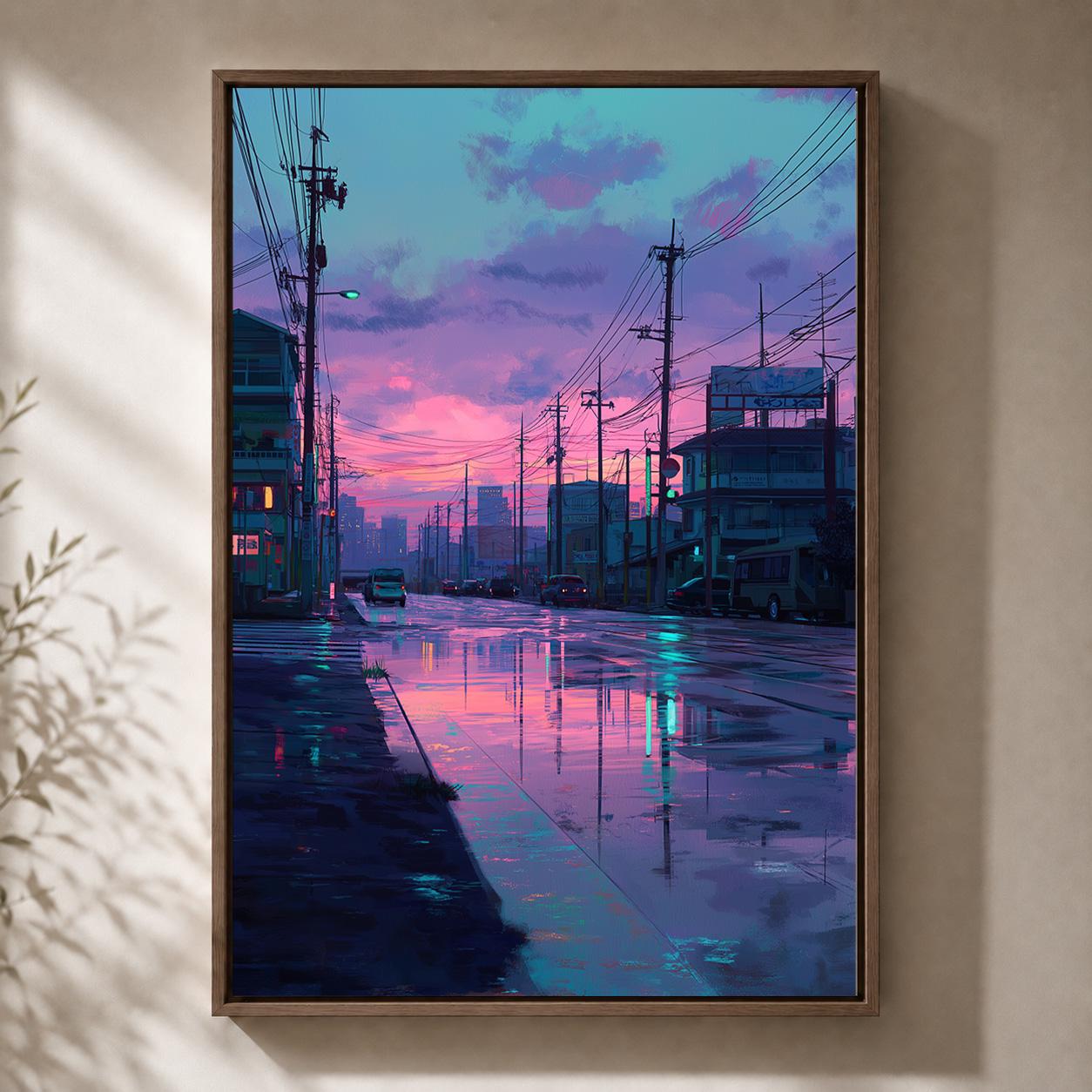 Lo-Fi Vaporwave Japanese Street Neon Cityscape Rainy Night Framed Canvas by The Wall Art Studio - physical