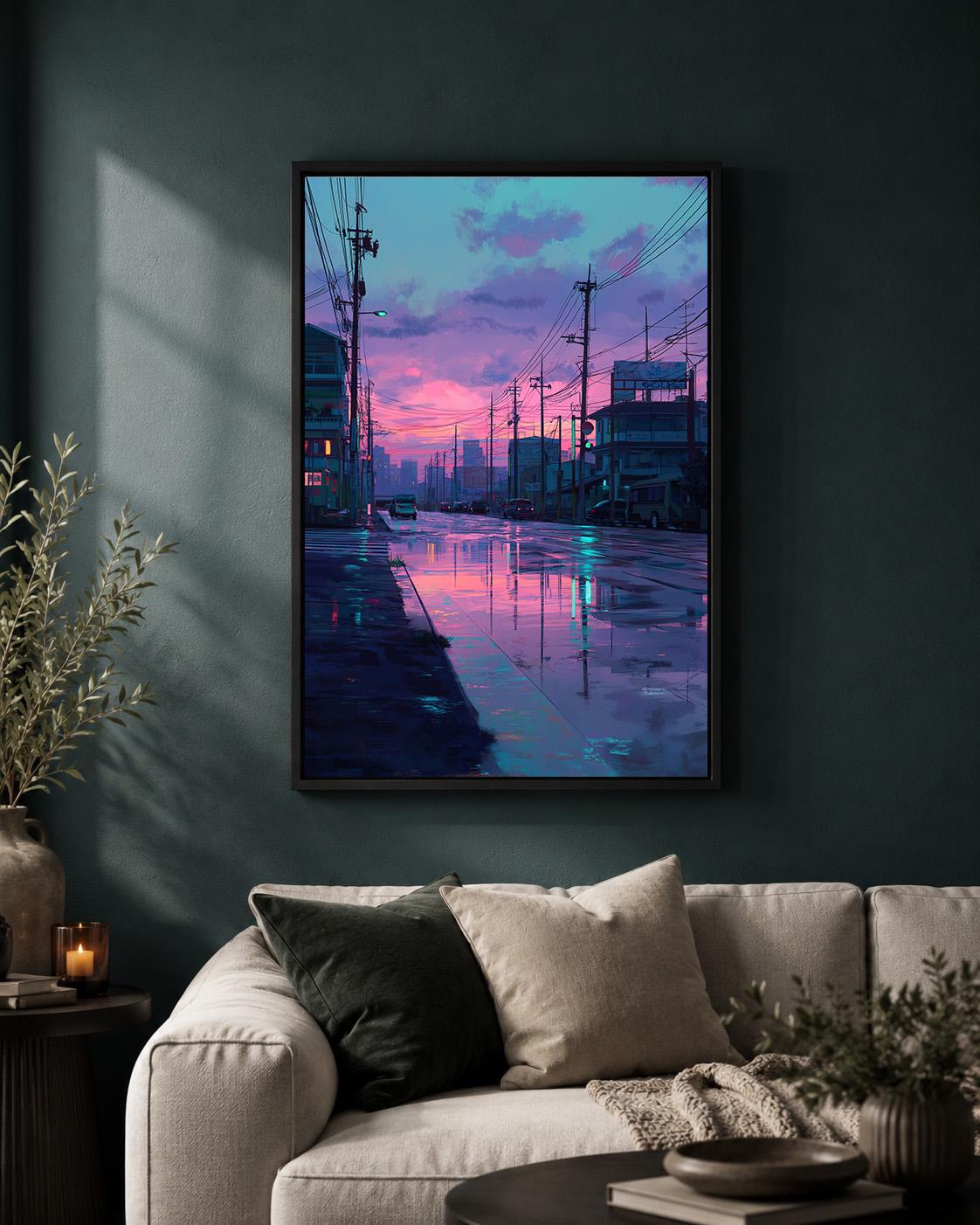 Lo-Fi Vaporwave Japanese Street Neon Cityscape Rainy Night Framed Canvas by The Wall Art Studio - physical