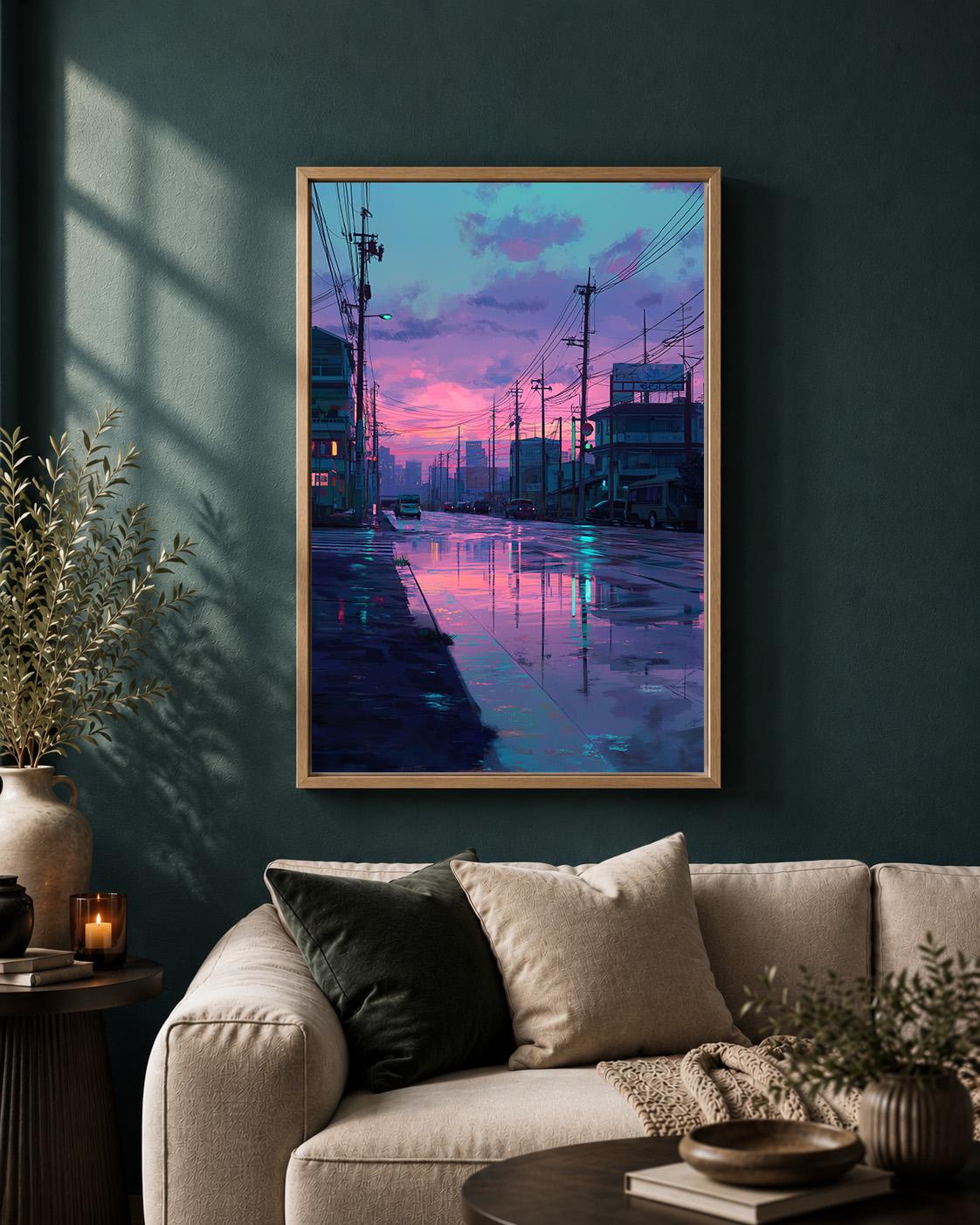 Lo-Fi Vaporwave Japanese Street Neon Cityscape Rainy Night Framed Canvas by The Wall Art Studio - physical