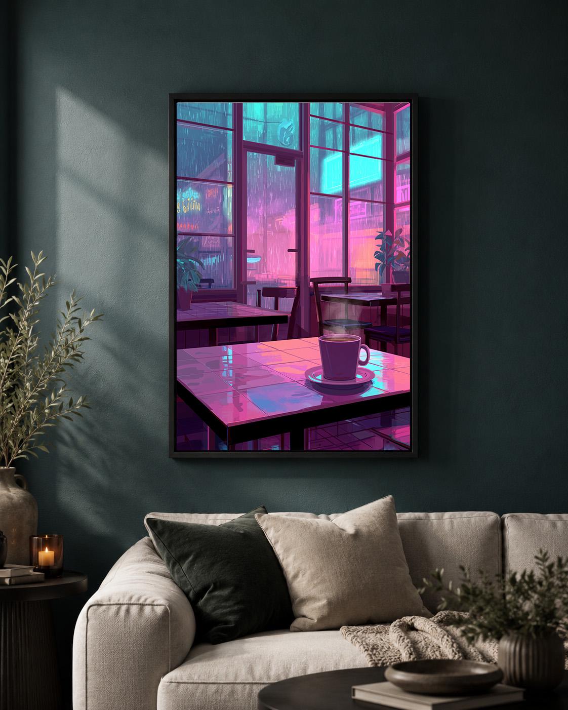 Lo-Fi Coffee Shop Neon Rainy Night Vaporwave Cafe Framed Canvas by The Wall Art Studio - physical