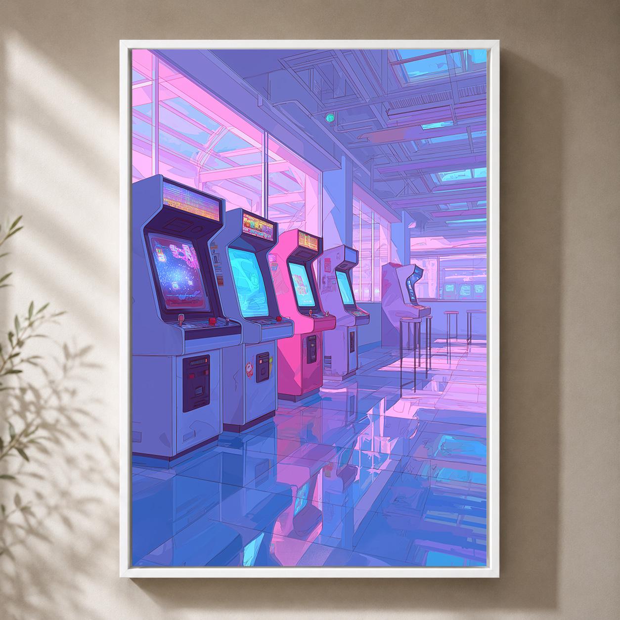 Lo-Fi Retro Arcade Vaporwave Gaming Pink & Blue Neon Arcade Framed Canvas by The Wall Art Studio - physical