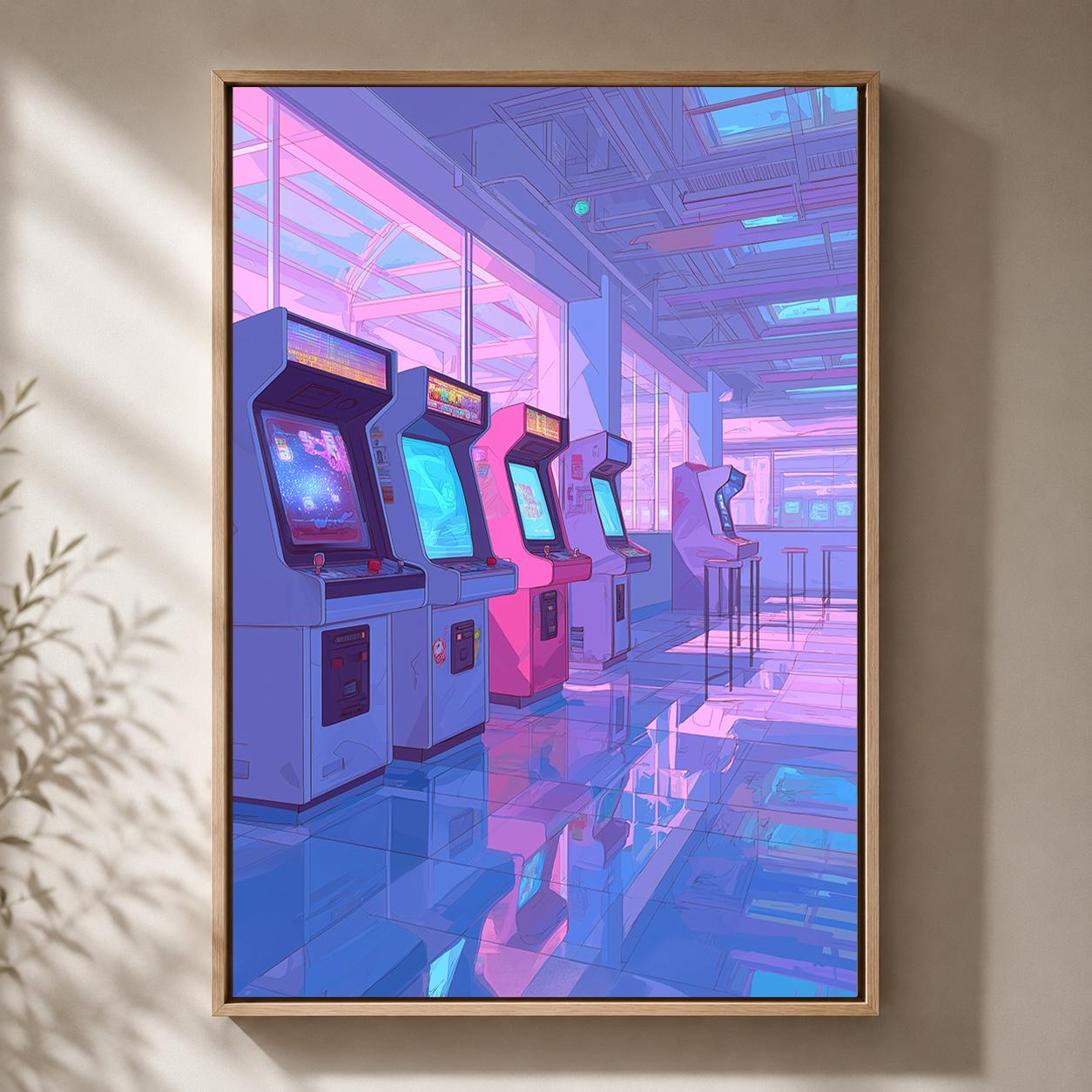 Lo-Fi Retro Arcade Vaporwave Gaming Pink & Blue Neon Arcade Framed Canvas by The Wall Art Studio - physical