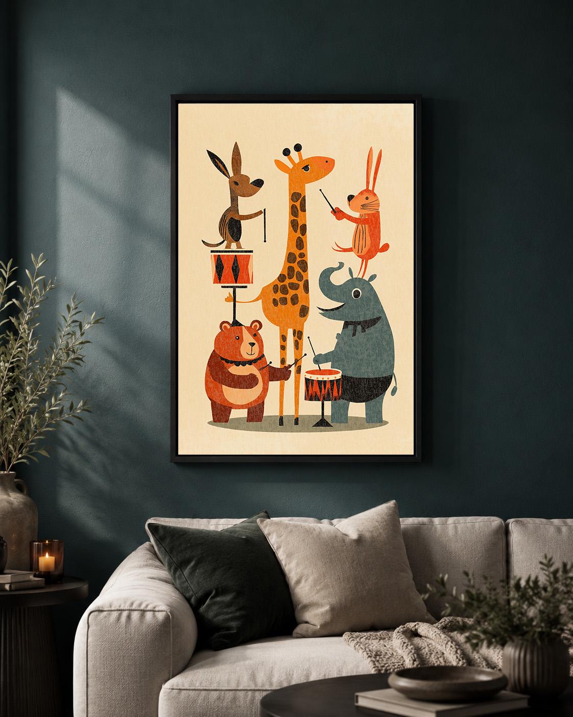 Animal Band Retro Kids Room Mid Century Nursery Framed Canvas by The Wall Art Studio - physical