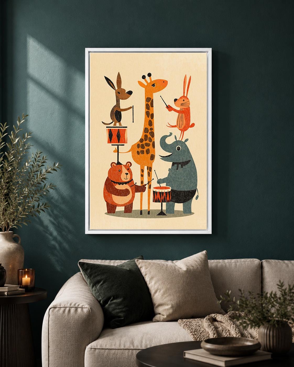 Animal Band Retro Kids Room Mid Century Nursery Framed Canvas by The Wall Art Studio - physical