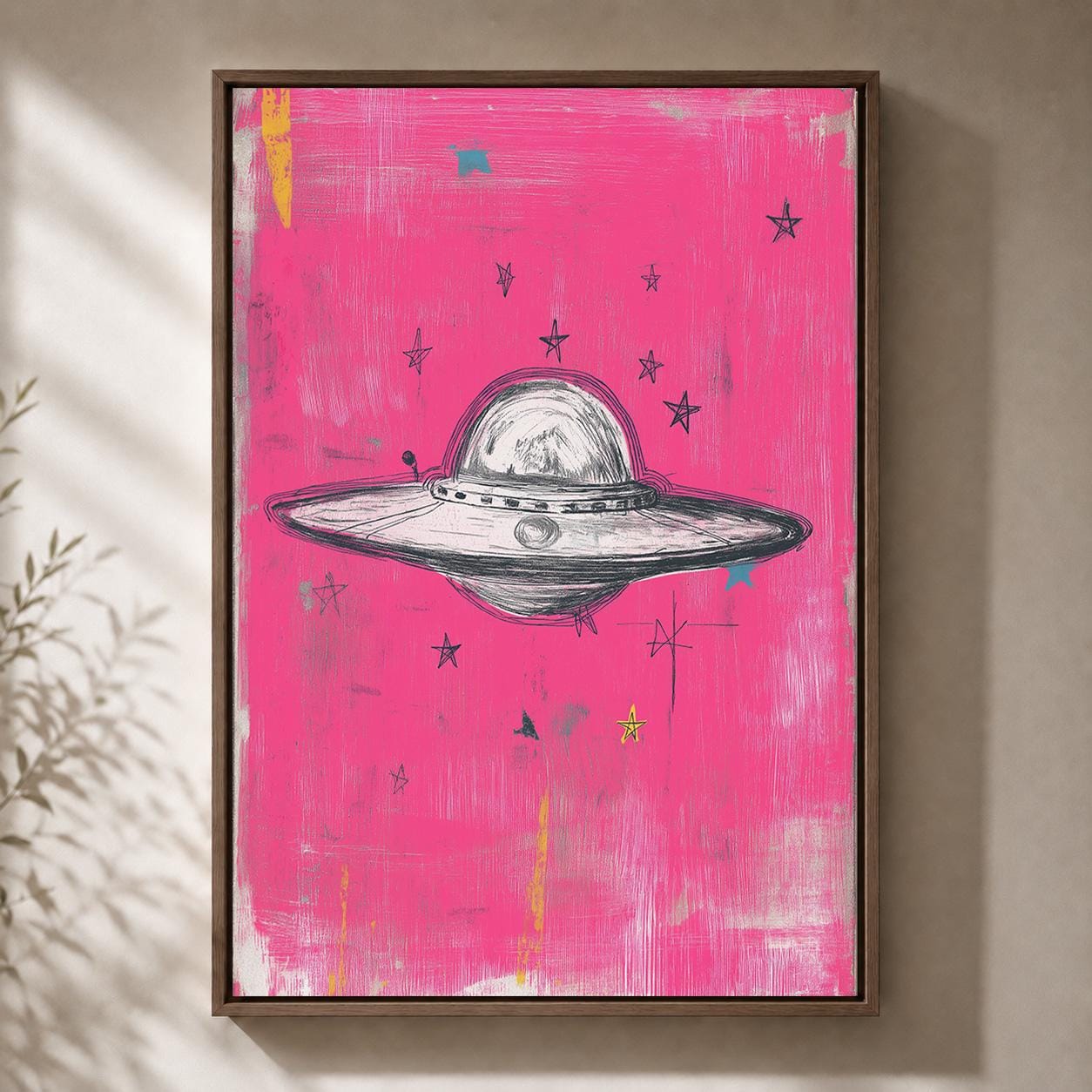 UFO Pink Retro Sci Fi Flying Saucer Mixed Media Celestial Framed Canvas by The Wall Art Studio - physical
