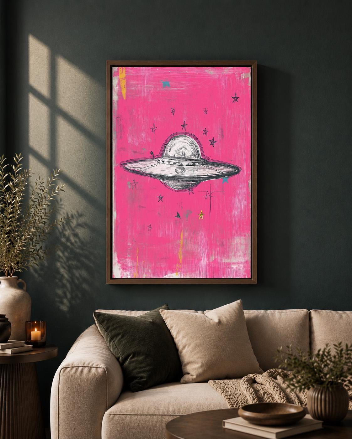 UFO Pink Retro Sci Fi Flying Saucer Mixed Media Celestial Framed Canvas by The Wall Art Studio - physical