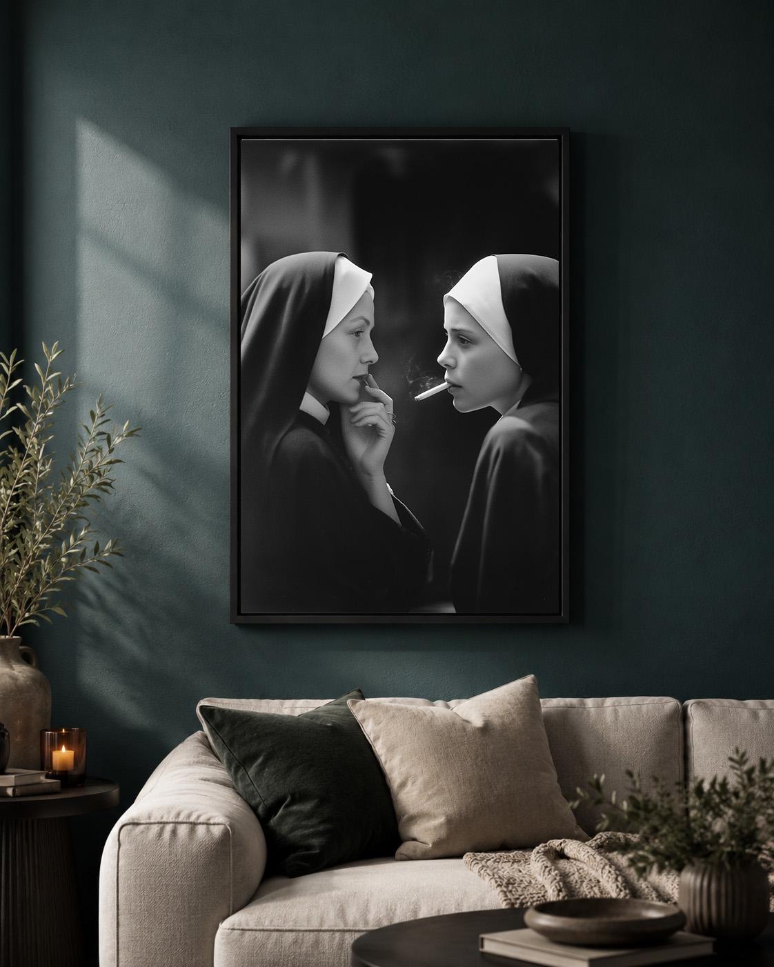 Nuns Smoking Black and White Vintage Style Photography Framed Canvas by The Wall Art Studio - physical