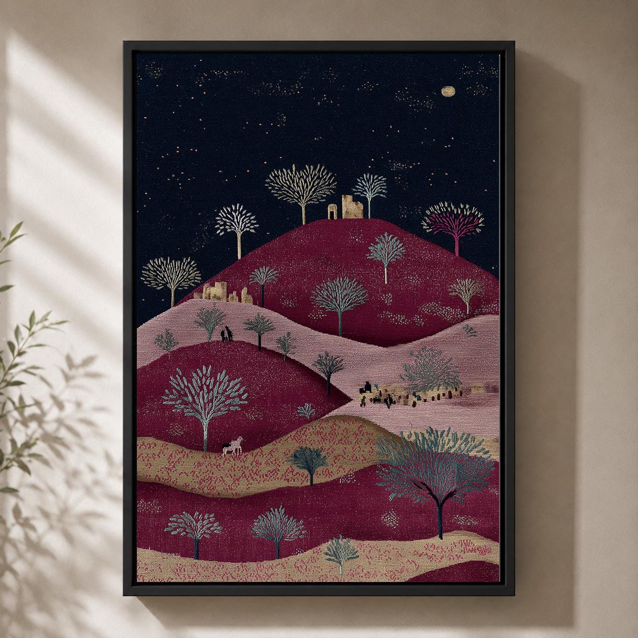 Palestinian Landscape Embroidered Folk Art Hills Framed Canvas by The Wall Art Studio - physical