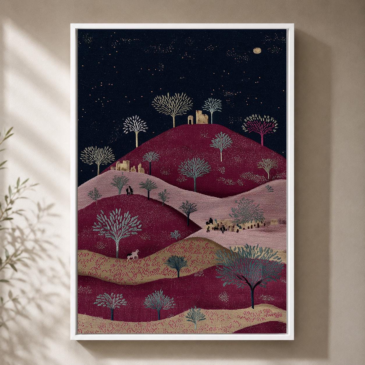 Palestinian Landscape Embroidered Folk Art Hills Framed Canvas by The Wall Art Studio - physical