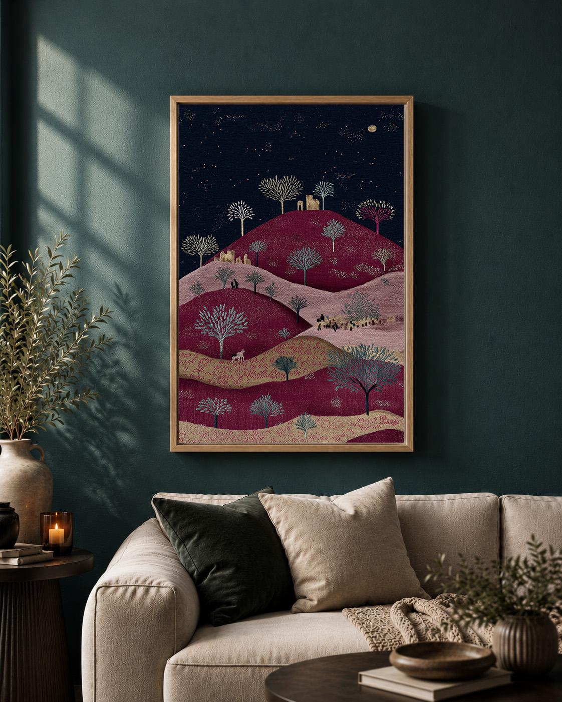 Palestinian Landscape Embroidered Folk Art Hills Framed Canvas by The Wall Art Studio - physical