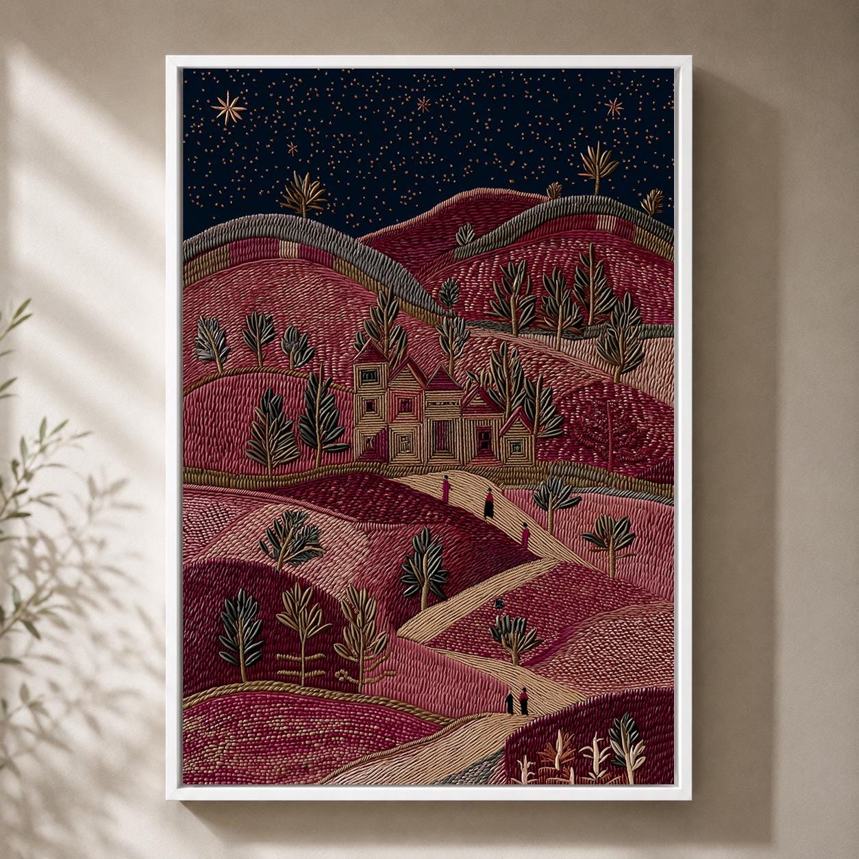 Palestinian Landscape Embroidered Effect Folk Art Olive Tree Framed Canvas by The Wall Art Studio - physical