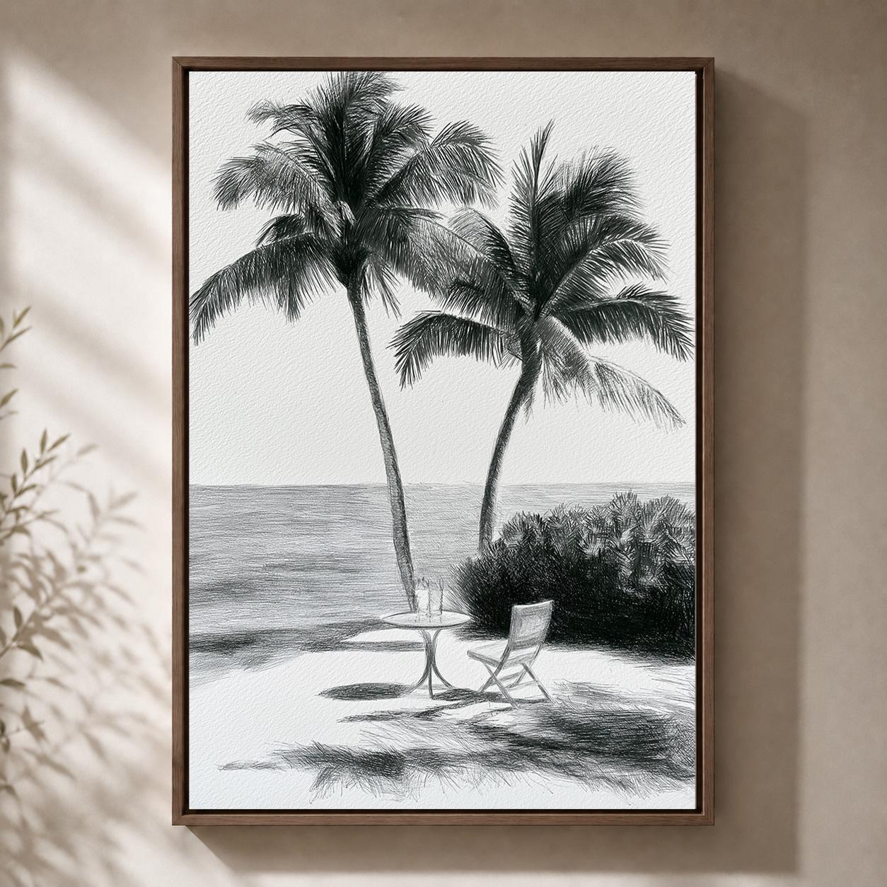 Black and White Palm Tree Sketch Tropical Beach Framed Canvas by The Wall Art Studio - physical