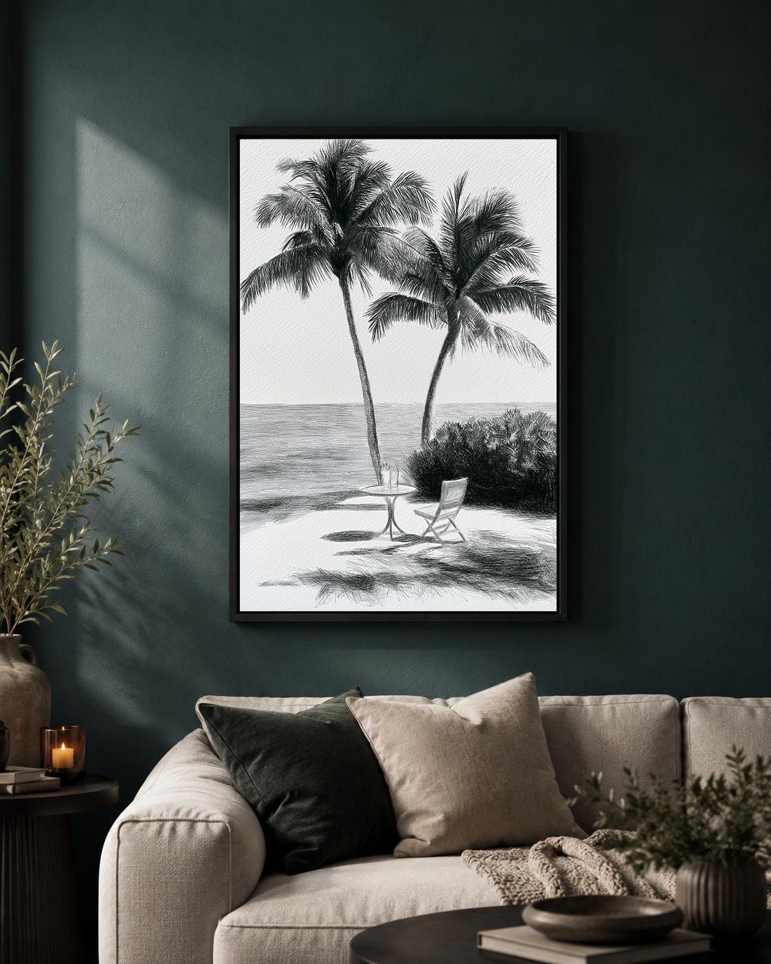 Black and White Palm Tree Sketch Tropical Beach Framed Canvas by The Wall Art Studio - physical