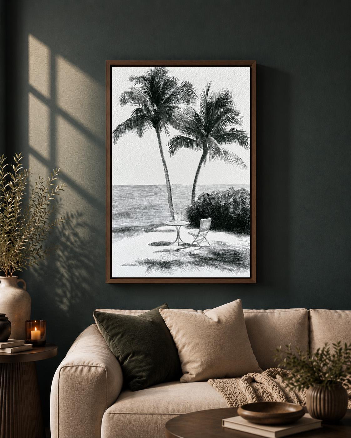 Black and White Palm Tree Sketch Tropical Beach Framed Canvas by The Wall Art Studio - physical
