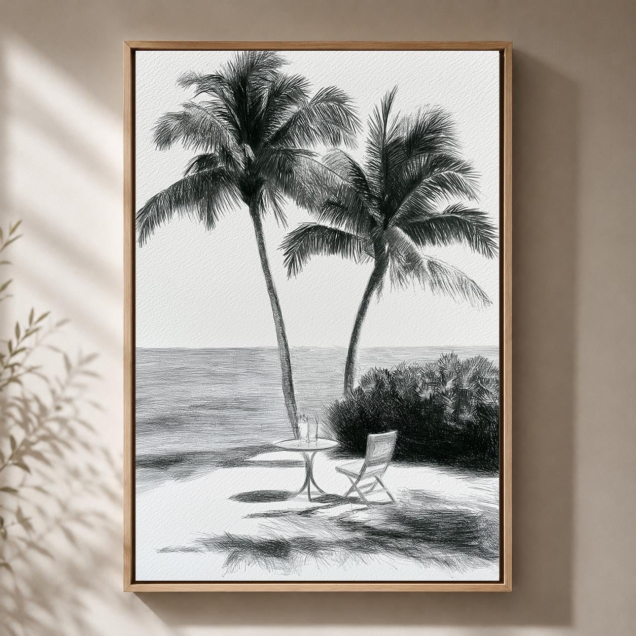 Black and White Palm Tree Sketch Tropical Beach Framed Canvas by The Wall Art Studio - physical